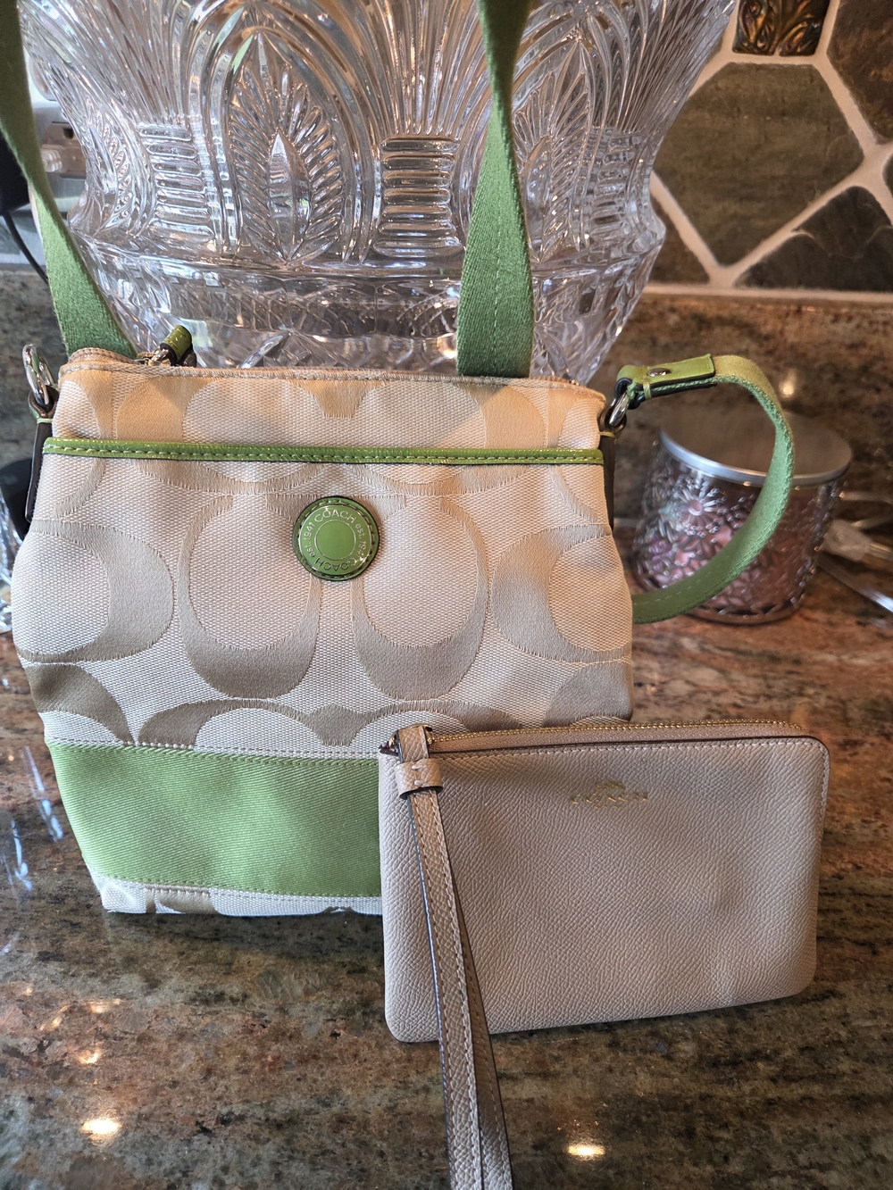 Coach Beige and Green Signature Crossbody Bag with Wristlet